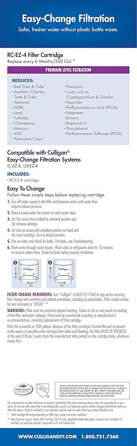 Culligan RC-EZ-4 Premium Water Filtration Replacement Cartridge for Under-Sink, Refrigerator, & RV Systems - EZ Change Water Filter System (500 Gallon Life)
