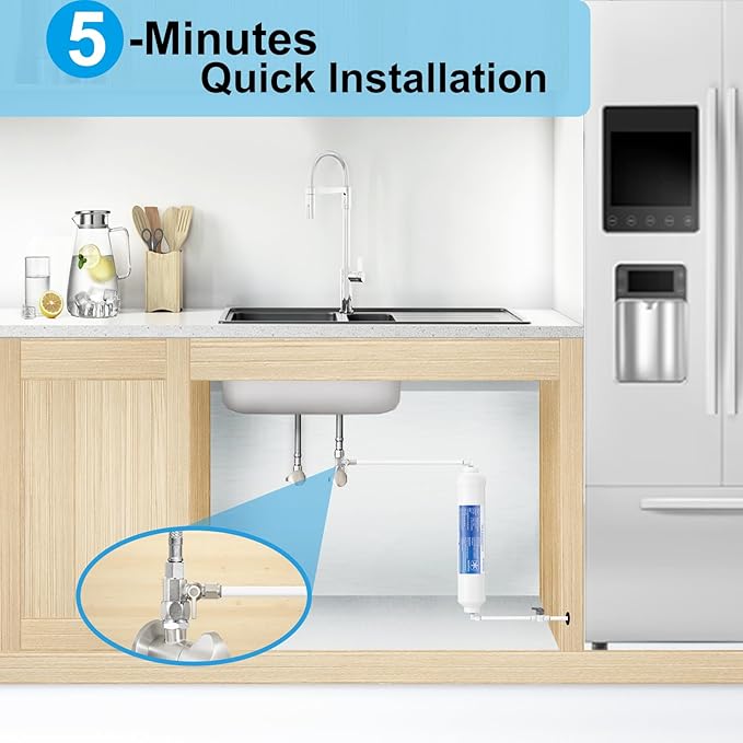 Inline Water Filter Kit for Ice Maker and Refrigerator,Include Feed Water Valve + 30FT 1/4 Inch O.D.RO Water Tubing