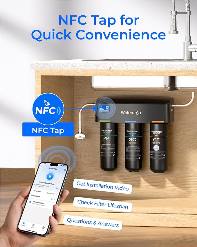 Waterdrop TSA 8 Layer Under Sink Water Filter System, Under Sink Water Filtration System, Reduces PFAS, PFOA/PFOS, Fluoride, Chlorine, Bad Taste & Odor, NSF/ANSI 42 Certified Element, USA Tech