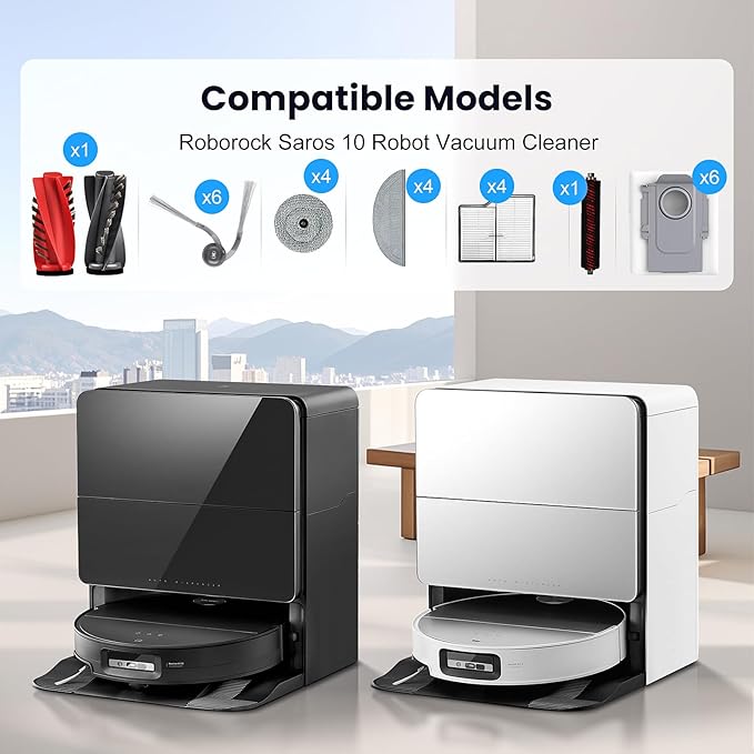 29 Pack Accessories Kit for Roborock Saros 10 Robot Vacuum, 1 Pairs Mainbrush 6 Side Brush 4 Filter 6 Dust Bags 4 Long Mop 4 Small Round Mop 1 Base Station Brush 1 Cleaning Brush 1 Screwdriver