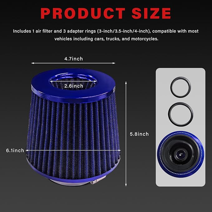 Sun Walker Clamp-on Air Intake Filter, 3/3.5/4 Inch High Flow Round Tapered Air Filter for Enhanced Engine Power, Washable & Reusable Cone Filters Replacement for Car Truck Motorcycle (Blue)