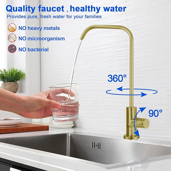 Drinking Water Faucet - Long Thread Stem Filtered Water Tap for Thick Countertop,Lead-Free RO Faucet with Hose and Push Connect Fittings(Matte Gold - "7" Shape)