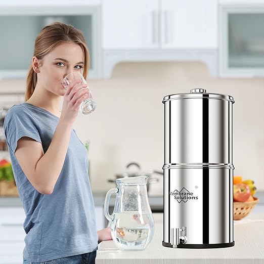 Membrane Solutions Stainless Steel 2.25G Gravity Water Filter, Countertop Water Filtration System with 3 Pack 0.1-Micron UF Filters, for Home, Camping, and RVing