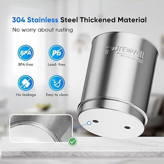 Purewell 3-Stage Gravity Fed Water Filter System, 2.25 Gallon Stainless Steel Countertop System with 2 Washable Ceramic Filters, Metal Water Level Spigot and Stand, Reduce up to 99% Chlorine, PW-OBT-K