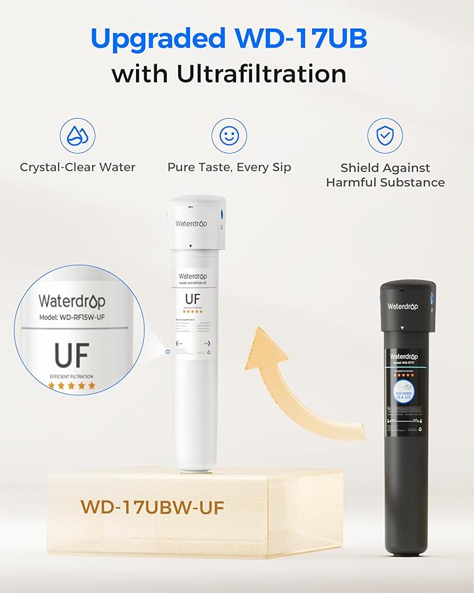 Waterdrop 17UBW-UF 0.01 μm Ultra Filtration Under Sink Water Filter System, Reduces Lead, Chlorine, Bad Taste & Odor, 3 Years, with Dedicated Brushed Nickel Faucet, USA Tech