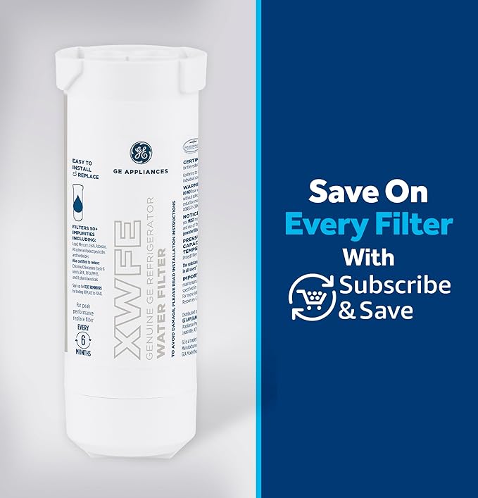 GE XWFE Refrigerator Water Filter, Genuine Replacement Filter, Certified to Reduce Lead, Sulfur, and 50+ Other Impurities, Replace Every 6 Months for Best Results, Pack of 1