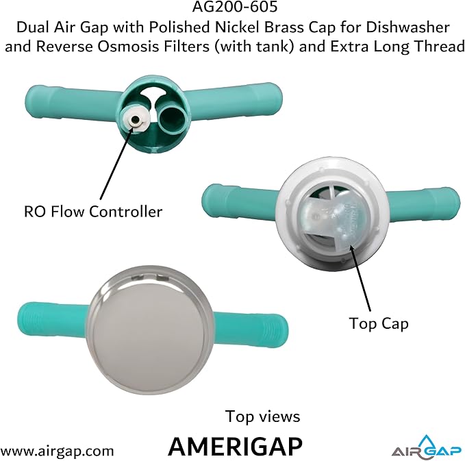 Dual Air Gap with Polished Nickel Brass Cap for Dishwasher and Reverse Osmosis Filters (with tank) and Extra Long Thread (AG200-605, AG200-X05, AMERIGAP)