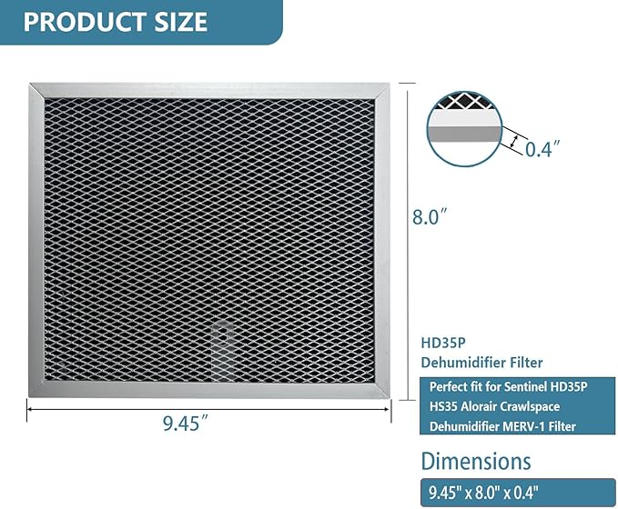 HD35P Dehumidifier Filters Compatible with Sentinel HD35P HS35 Dehumidifiers Alorair Crawl Space Dehumidifiers MERV-1 Aluminium Filter 9.45 x 8 x 0.4 inches, 2 Pack