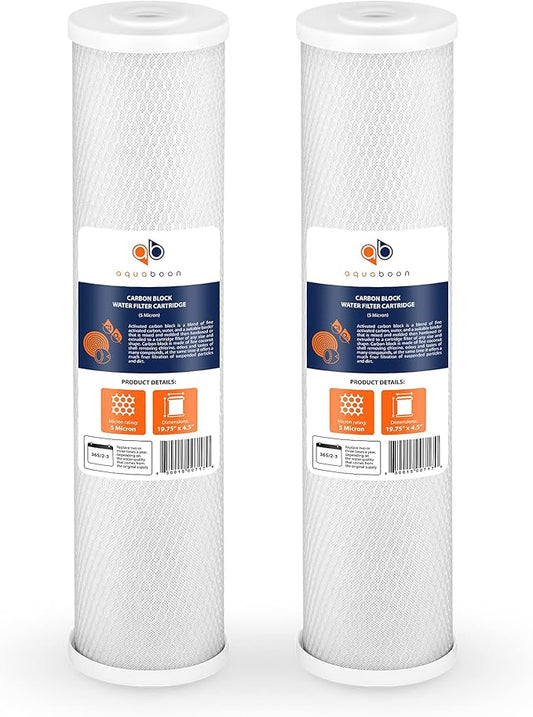 Aquaboon 4,5 x 20 inch Carbon Filter Cartridge - 5 Micron Coconut Shell CTO Big Blue Filter - Whole House Well Water Filtration - Matches DB20P, CTO20BB, Pentek FLOPLUS-20BB, 155312-43 (2 Pack)