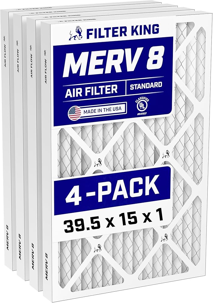 Filter King 39.5x15x1 Air Filter (MERV 8) (4-Pack) Dust & Allergy Control AC Furnace Filters, MADE IN USA, HVAC, Pleated, Electrostatic (Actual Size: 39.5 x 15 x .75)