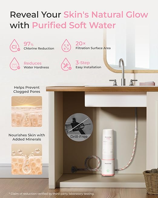 Waterdrop BFU3 Bathroom Sink Filter for Skincare, No Drilling Required, Time Reminder, Reduces Chlorine & Scale in Water, Reduces Skin Redness and Irritation, for Cold Water Supply Only
