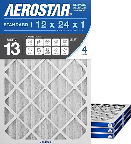 Aerostar 12x24x1 MERV 13 Air Filter, 4 Pack Set of HVAC Furnace Filters, Electrostatic MPR 1500-1900 & FPR 10 (Actual Size: 11 3/4 x 23 3/4 x 3/4 inches)