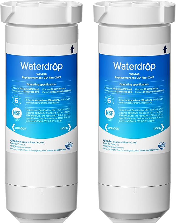 Waterdrop XWF Refrigerator Water Filter, Replacement for GE® XWF, WR17X30702, NSF 42/372 Certified, Compatible with GE® GNE27, GFE26, GDE25, GSS25, PSE25 Series Refrigerators, 2-Pack (Not XWFE)