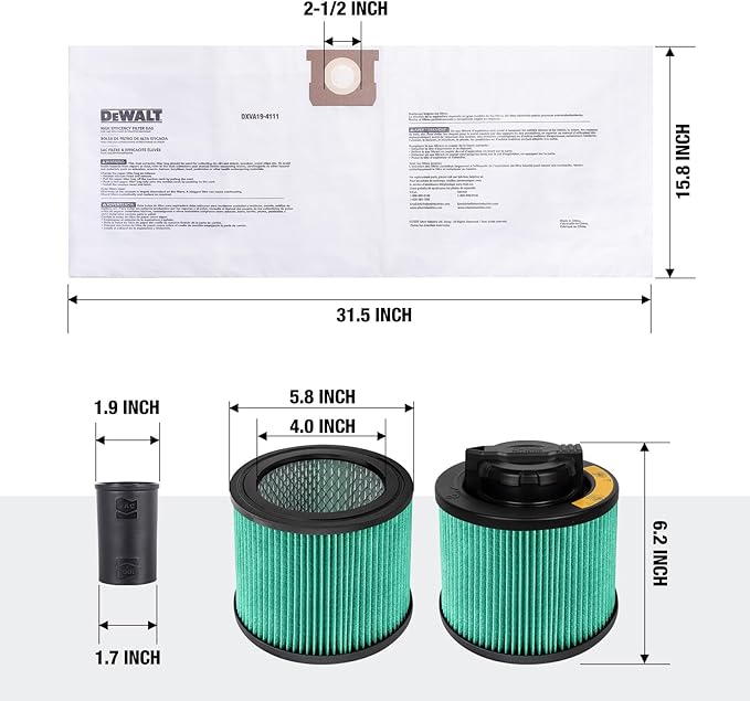 DEWALT Shop Vac Filter and Dust Bags for Most 4-8 Gallon Shop Vacs, HEPA Vacuum Filter Replacement 3-Pack Filter Bags and Power Tool Adapter Kit, DXVA19-0502