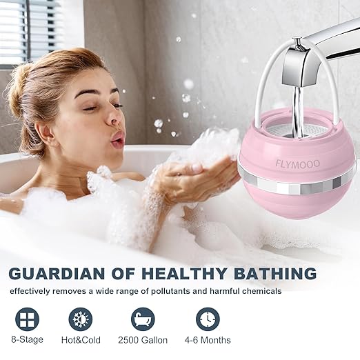 Bath Filter for Tub, Bathtub Faucet Water Filter with 8 Stages & 2,500 Gallons of Filtration to Reduce Contaminants for Softer, Smoother Skin (Pink)