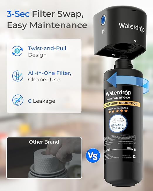 Waterdrop 10UB-CM Under Sink Water Filter (Include: System+ 𝐅𝐚𝐮𝐜𝐞𝐭) for 99% Chloramine Reduce- Ideal for California, Florida and Washington- NSF/ANSI 42 Certified- 𝐰𝐢𝐭𝐡 𝐅𝐚𝐮𝐜𝐞𝐭