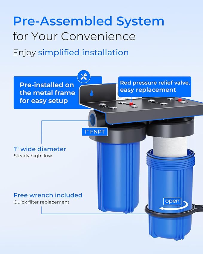 Waterdrop 2 Stage Whole House Water Filter System, with Heavy Metal and Anti-Scale Sediment Filter, Highly Reduce Iron, Scale, Lead, Chlorine, Taste, 7-Stage Filtration, WD-WHF21-SH, 1" Inlet/Outlet