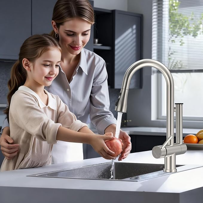 FEELSO Kitchen Faucets with Filtered, Stainless Steel Filter Kitchen Faucet with Pull Down Sprayer Reduces Lead, Chlorine, Bad Taste & Odor,High Arc Kitchen Sink Faucet 1 or 3 Hole for Farmhouse