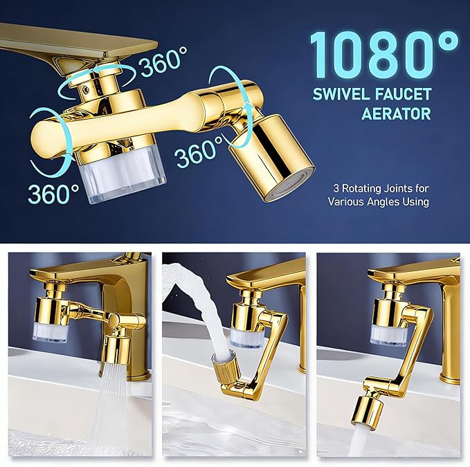 ATQ Sink Faucet Extender Aerator Reduce 99% Lead, Chlorine, 1080° Rotating 2 Modes Spray Attachment for kitchen/Bathroom/Toddlers, 9pcs Filter (Aerator1080 - Bright Gold)