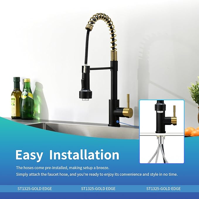 GIMILI Black and Gold Kitchen Faucet with Pull Down Sprayer Single Hole Stainless Steel LED Faucet, Suitable for Farmhouses, RV, Laundry Room, Outdoor, and Campers. Llave para fregadero de cocina