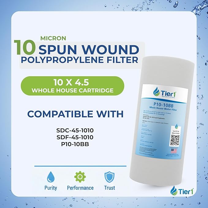 Tier1 10 Micron 10 x 4.5 Water Filter | Spun Wound Polypropylene Whole House Sediment Water Filter Cartridge | Replacement for Hydronix SDC-45-1010, SDF-45-1010 | 4.5 x 10 Water Filter (6-Pack)