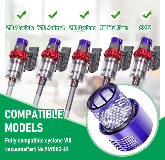 Replacement V10 Filters for Dyson V10 Cyclone Series,V10 Animal,V10 Absolute,V10 Total Clean,SV12 Crodless Vacuum Cleaners, 3 Filters,1 Cleaner Brush, Replace Part #969082-01