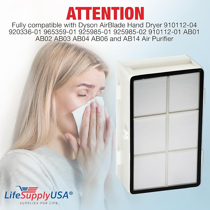 LifeSupplyUSA True HEPA Filter Replacement Compatible with Dyson AirBlade Hand Dryer 910112-04 920336-01 965359-01 925985-01 925985-02 910112-01 AB01 AB02 AB03 AB04 AB06 and AB14 Air Purifier