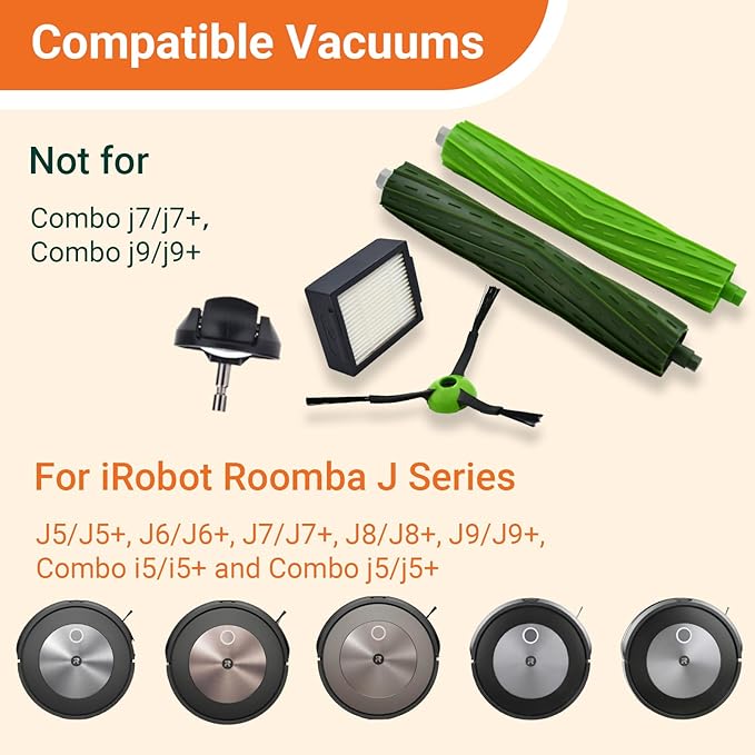 Replacement Parts Compatible with iRobot Roomba J7 J7+ J5 J5+ J6 J6+ J8 J8+ J9 J9+ i e j series Vacuum Cleaner Accessories Kit,Front Caster Wheel,Rubber Brushes,3 HEPA Filters,6 Side Brushes