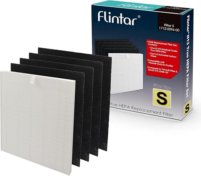 Flintar C545 Replacement Filter S, Made in TAIWAN, Compatible with Winix C545 Air Purifier, Compares to Winix S Filter 1712-0096-00, H13 Grade Air Filter + (4) Activated Carbon Filters