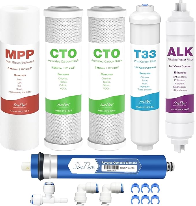 SimPure 6-Stage 75 GPD RO Complete Replacement Filter Set, Compatible with APEC Essence Series Alkaline Reverse Osmosis Water Filter System ROES-PH75, RO Filters Replacement for FILTER-MAX-ESPH