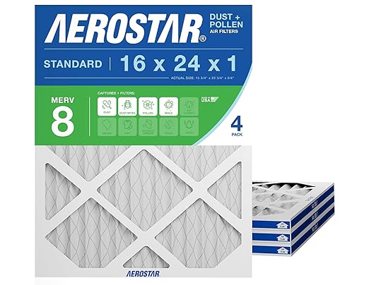 Aerostar 16x24x1 MERV 8 Air Filter, 4 Count, ACTUAL SIZE (15.75 x 23.75 x 0.75 ), HVAC, Air Conditioning & Furnace Filter Captures Dust, Lint & Pollen (MPR 600 / FPR 5), Made in USA