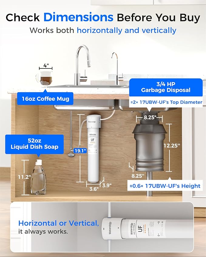 Waterdrop 17UBW-UF 0.01 μm Ultra Filtration Under Sink Water Filter System, Reduces Lead, Chlorine, Bad Taste & Odor, 3 Years, with Dedicated Brushed Nickel Faucet, USA Tech