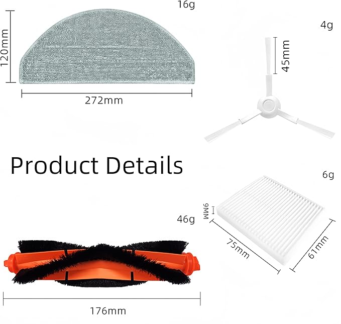 Accessories Kit for Xiaomi E10 B112 E12 Robot Vacuum Cleaner, 2 Main Brush, 2 HEPA Filters, 4 Side Brush, 4 Mop Cloths, 12 PCS Replacement Spare Parts Repair Attachments