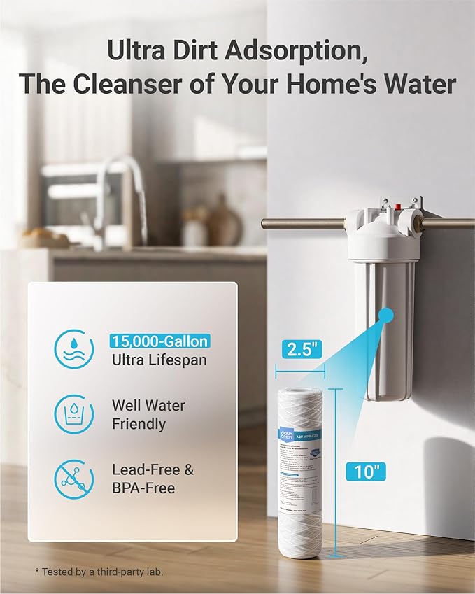 AQUA CREST 5 Micron 10"x2.5" String Wound Sediment Water Filter Cartridge for Well Water, Universal Replacement for Any 10 inch RO Unit, WP-5, Aqua-Pure AP110, CFS110, Culligan P5, WFPFC4002, 4Pack