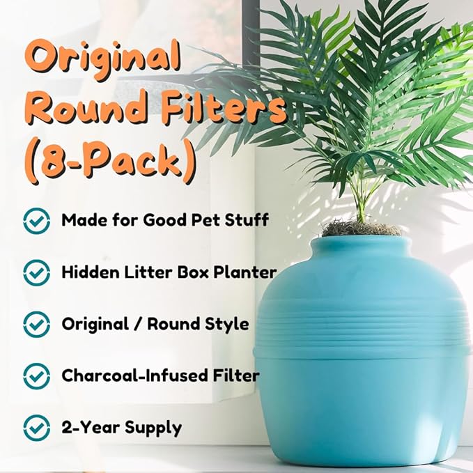 Good Pet Stuff Replacement Carbon Odor Control Filters for Hidden Litter Box Planter, Original Round Shape, Easy to Install, Odorless, Absorbs Smells, Sunlight Activated Charcoal Infused, 8 Pack