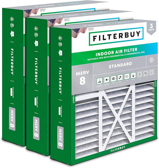 Filterbuy 16x20x5 Air Filter MERV 8 Essential Dust & Allergy Defense (3-Pack), Pleated HVAC AC Furnace Filters for Honeywell FC100A1003, Lennox X0592, and More (Actual Size: 15.75 x 19.75 x 4.38)