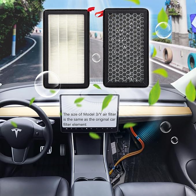 Tesla Model 3 Air Filter, Tesla Model Y Air Filter with Activated Carbon for Tesla Model 3 2017-2021, Model Y 2020-2022, Replace 1107681-00-A(2 Pack)