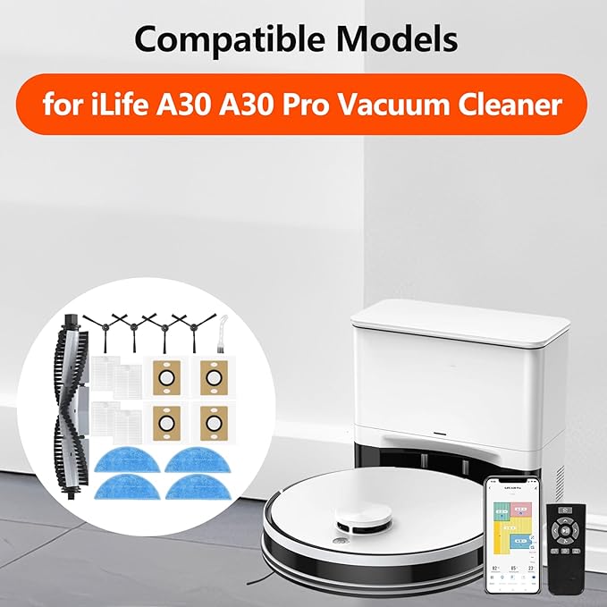 18 Pack Replacement Parts for ILIFE A30 A30 Pro Robot Vacuum Cleaner, Accessories Kit with 1 Main Brush 4 Dust Bag 4 HEPA Filter 4 Mop Pad 4 Side Brush1 Cleaning Brush