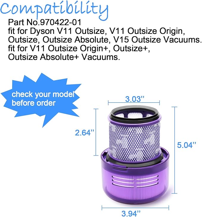 Filter Replacement for Dyson V11 Outsize, Outsize Absolute+, V15 Outsize Vacuums, V11 Outsize Origin+, Outsize+, Outsize Absolute+,SV16,SV29 Vacuums Cleaner, Compare to Part 970422-01 (3 Pack)