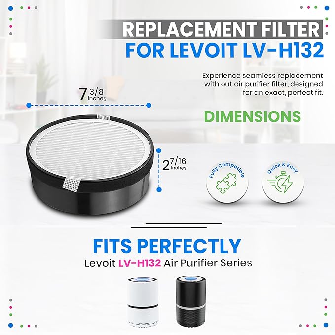 Bagean LV-H132 Replacement Filter for Levoit Air Purifier Compatible with Levoit Filter Replacement - Certified H13 True HEPA with Activated Carbon Filters 99.97% of Particles and Purifies Air (3-Pk)