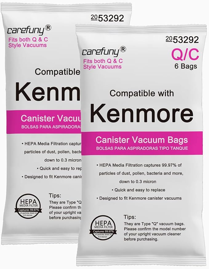 12 Pack Type Q HEPA Canister Vacuum Bags for Kenmore, 53292 Replacement Canister Vacuum Cleaner Bags for Kenmore 81214, 81414, 81614, 81615, 81714, 21814, BC7005, BC3005,BC2005