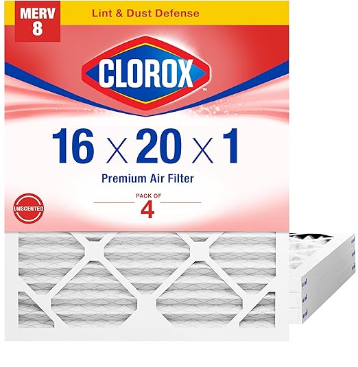 Clorox 16x20x1 Air Filter, MERV 8 Pleated HVAC AC Furnace Air Filters for Lint, Dust and Pollen, MPR 600 & FPR 5 – Pack of 4
