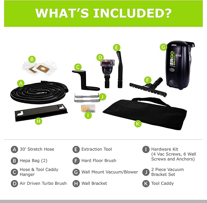 Atrix Ergo Edge Canister Shop Vac-Wall Mounted Garage Vacuum Cleaner with Built-in Dust Bag & Extendable Hose-Compact Black Design, 20 x 9 x 12