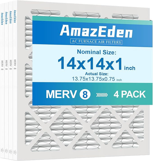 14x14x1 Air Filter 4 Pack MERV 8 HVAC Furnace Air Filters 14x14 AC Filter Pleated Dust Defense Replacement for Home MPR 600 FPR 5 (Actual Size: 13.75x13.75x0.75 Inches)