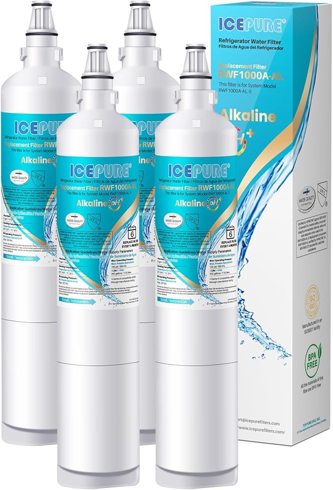 ICEPURE Alkaline 5231JA2006A Refrigerator Water Filter Replacement for LG LT600P, kenmore 9990, KENMORECLEAR 46-9990, FML-2, 5231JA2006B, WF300, R-9990, WFC2001, LSC27931ST, Enhances PH, 4Pack