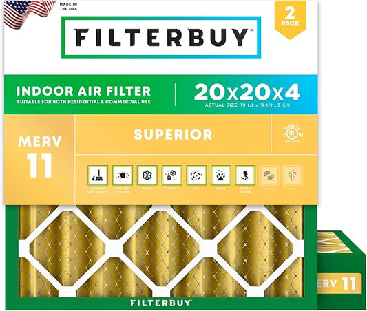 Filterbuy 20x20x4 Air Filter MERV 11 Superior Pet & Allergy Defense (2-Pack), Electrostatic Pleated HVAC AC Furnace Filters Replacement (Actual Size: 19.50 x 19.50 x 3.63)