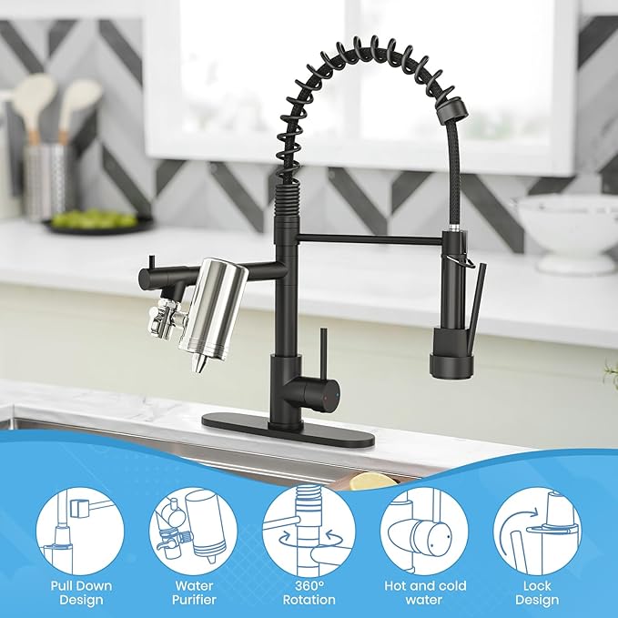 AIMADI Black Kitchen Faucet with Water Filter,Dual Nozzle Matte Black Kitchen Sink Faucet with Pull Down Sprayer for Drinking Water, Farmhouse, RV, Utility or Laundry Sink