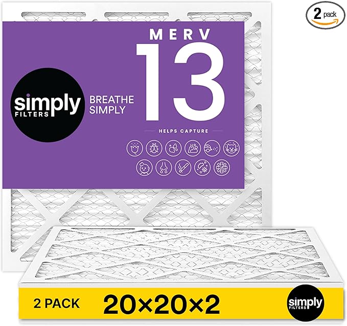 Simply 20x20x2 Air Filter, MERV 13, 2 Pack, Furnace Air Filter for HVAC (Actual Size: 19.5"x19.5"x0.75") DUST, Pet & Allergy Control