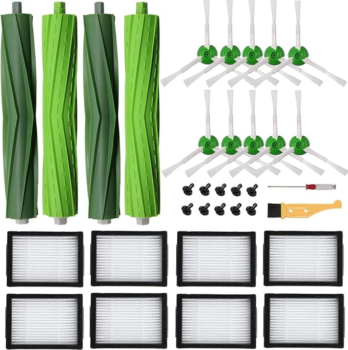 20 Pack Replacement for iRobot Roomba Replacement Parts, Rubber Roller Brushes for iRobot Roomba E & I & J Series Vac Cleaner - 2 Rubber Brushes 8 HEPA Filters 10 Side Brushes