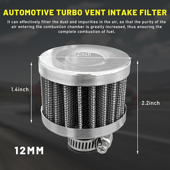 12mm Mini Air Filter, Universal Motor Cold Air Intake Filter Breather, Auto Turbo Vent Intake Filter Cleaner, Crankcase Breather Car Accessories for Motorcycle Engine Parts (Silver)